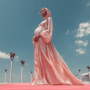 Pregnant black muslim celebrity model in a beautiful flowing pink gown wallking down a red carpet after her prenatal massage